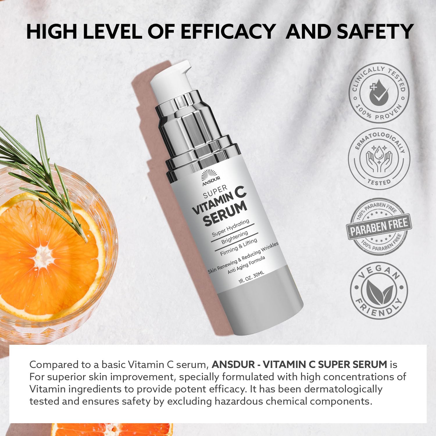ANSDUR Super Vitamin C Serum for Women over 70: Hyaluronic Acid Serum for Face, skin tone corrector and fine line Reduction - Lifting, Smoothing, Moisturizing, All in One Skin Care Formula, 1 fl oz