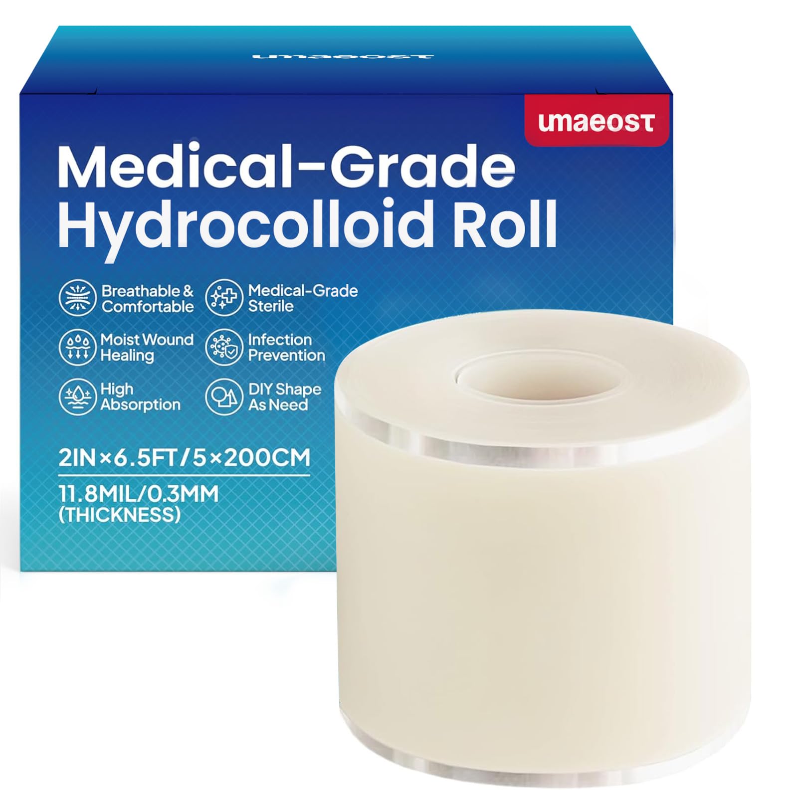 Umaeost Hydrocolloid Roll for Wound Care: 2IN*6.5FT - Waterproof Ultra Thin Self Adhesive Patch for Blisters blemish Bedsores Pressure Diabetic Ulcers - DIY Size - Home First Aid Kit Essential