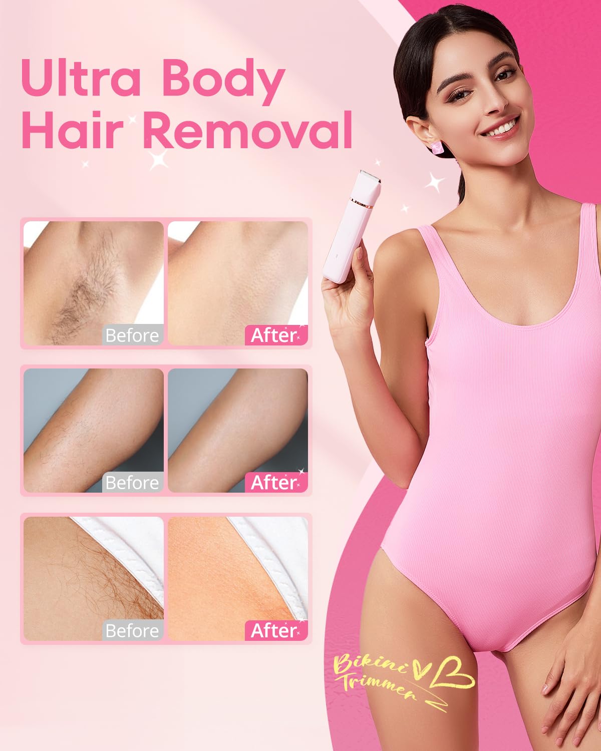 VG VOGCREST Electric Bikini Trimmer: 2 in1 Body Facial Hair Remover - Painless Pubic Hair Shaver (Pink)