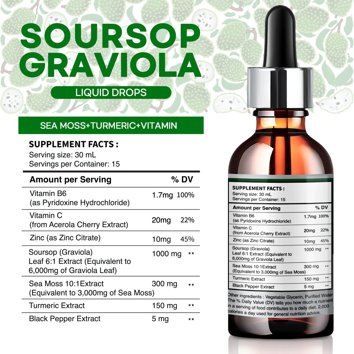Graviola Soursop Bitters Liquid Drops : Sea Moss Extract Organic for Cell Support and Regeneration- Sour SOP Tincture Edible 1 Fl Oz (30 mL) x 2 Pack