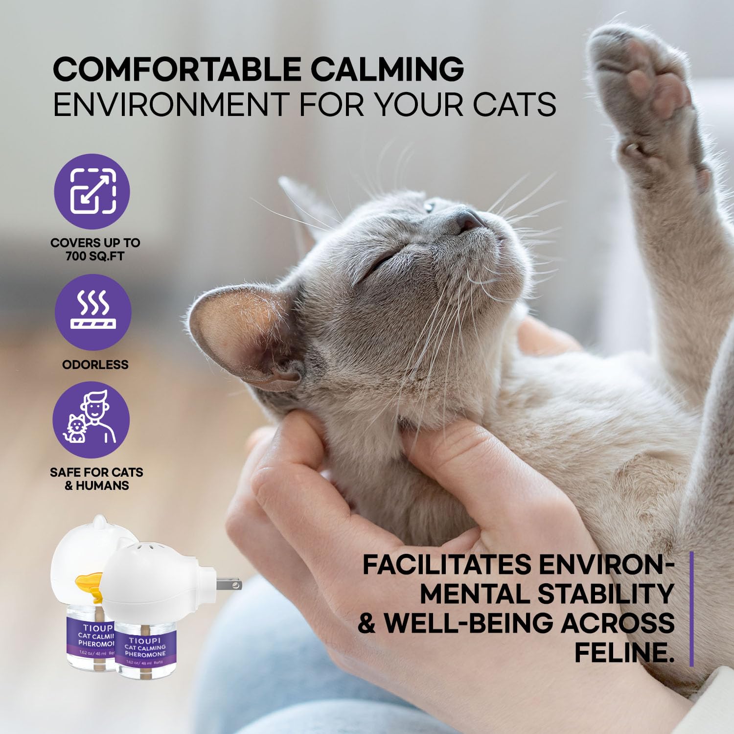 TIOUPI Premium Cat Pheromones Calming Diffuser - Relaxing Stress & Anxiety Relief for Cats, Multi Cat Homes, 2 Pack