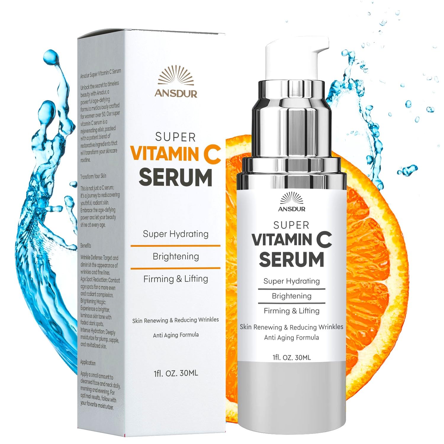 ANSDUR Super Vitamin C Serum for Women over 70: Hyaluronic Acid Serum for Face, skin tone corrector and fine line Reduction - Lifting, Smoothing, Moisturizing, All in One Skin Care Formula, 1 fl oz