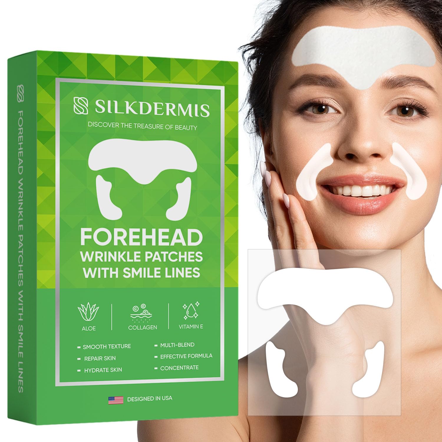SILKDERMIS Forehead fine line Patches 12Pcs with Smile Line Patches 24Pcs with Aloe, Collagen, Vitamin E, Forehead fine line care and Smile Lines care