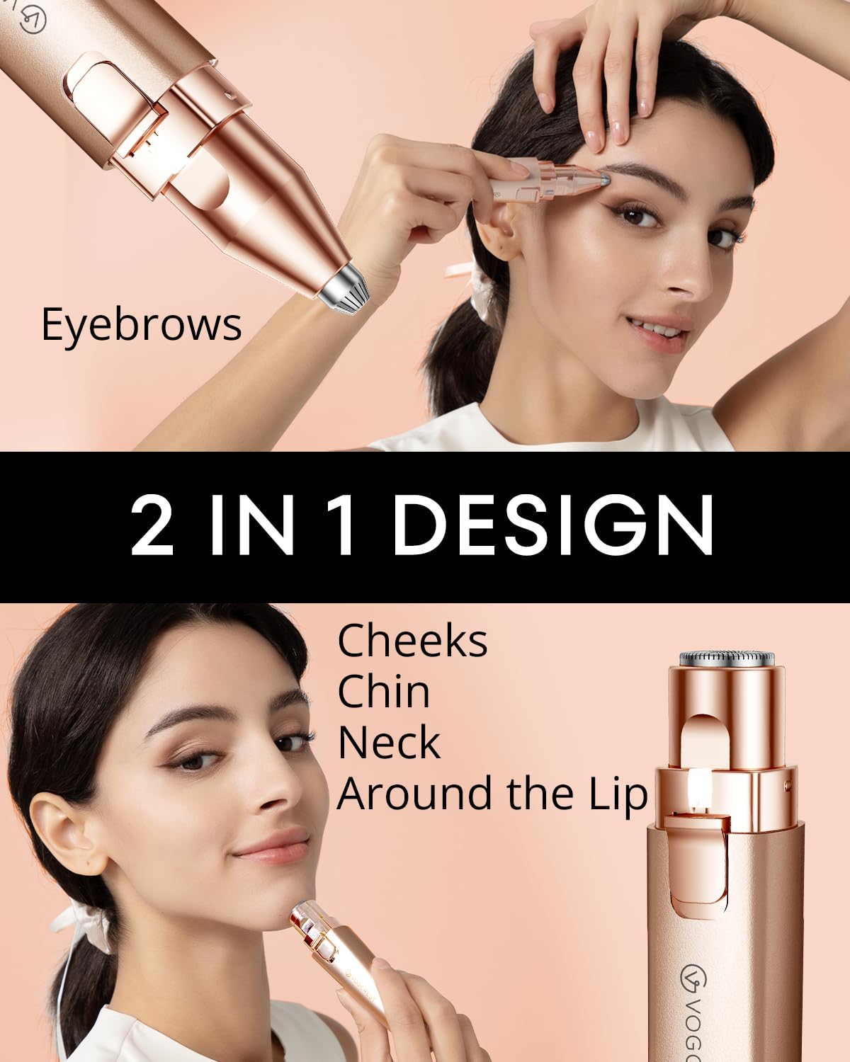 Rechargeable Facial Hair Remover for Women: 2 in 1 Electric Eyebrow and Facial Hair Remover - Suitable for Middle-aged Women’s Eyebrow, Chin, and Cheek Trimming - with Built-in LED Light (Gold)