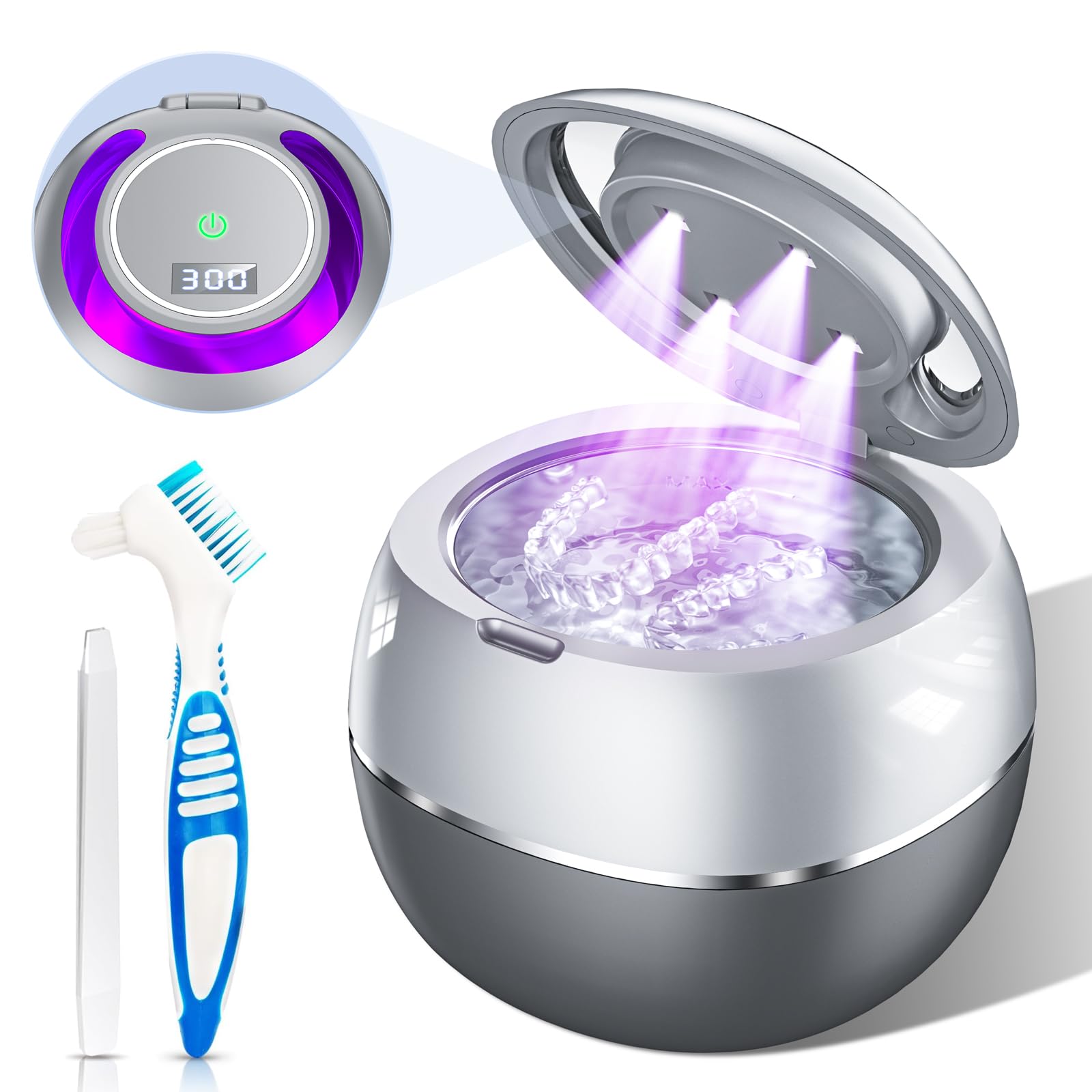 Ultrasonic Retainer Cleaner Machine for Denture: 43000Hz Portable Night Guard Cleaner (Grey)