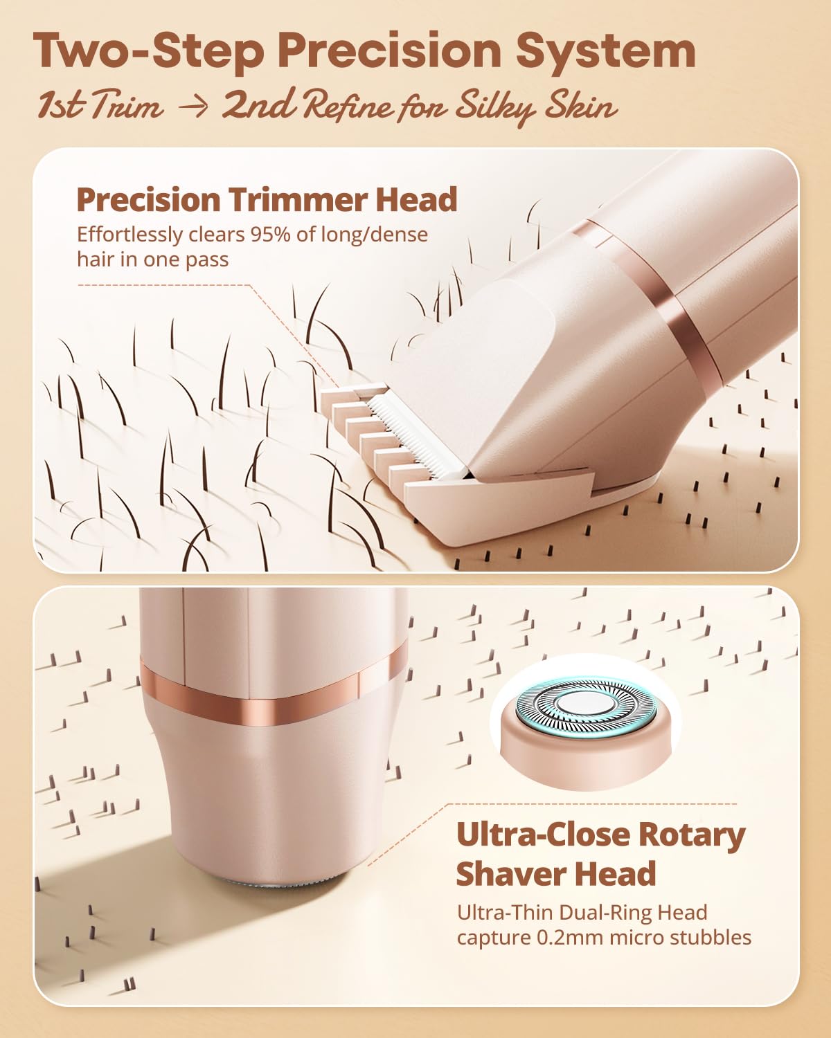 VG VOGCREST Electric Bikini Trimmer: 2 in1 Body Facial Hair Remover - Painless Pubic Hair Shaver (Rose Gold)