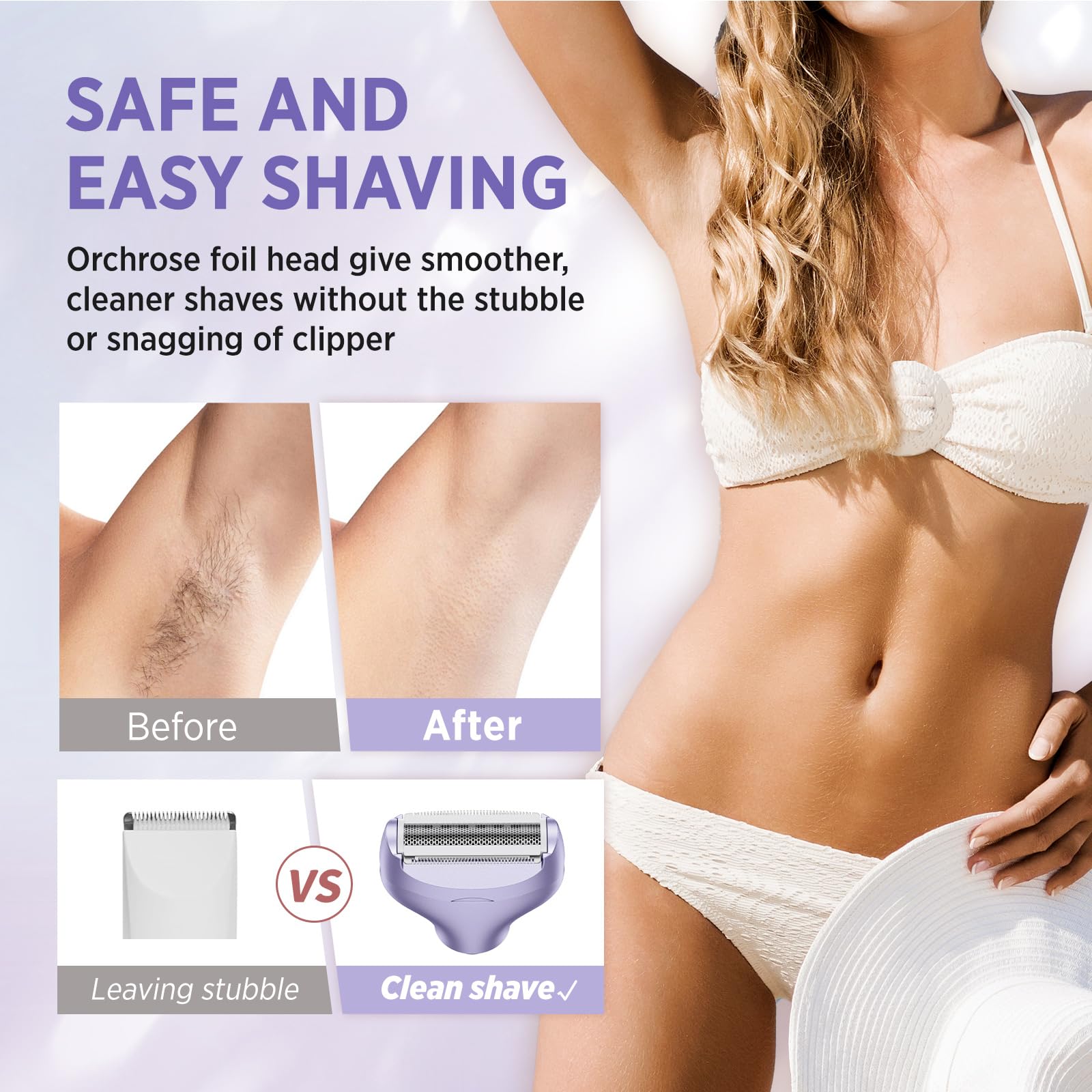 Orchrose Electric Razor for Women Body: Rechargeable Painless Electric Shaver for Bikini Face Body Legs Underarms - 3-in-1 Blade and Rotary Shaving Head (Purpl)