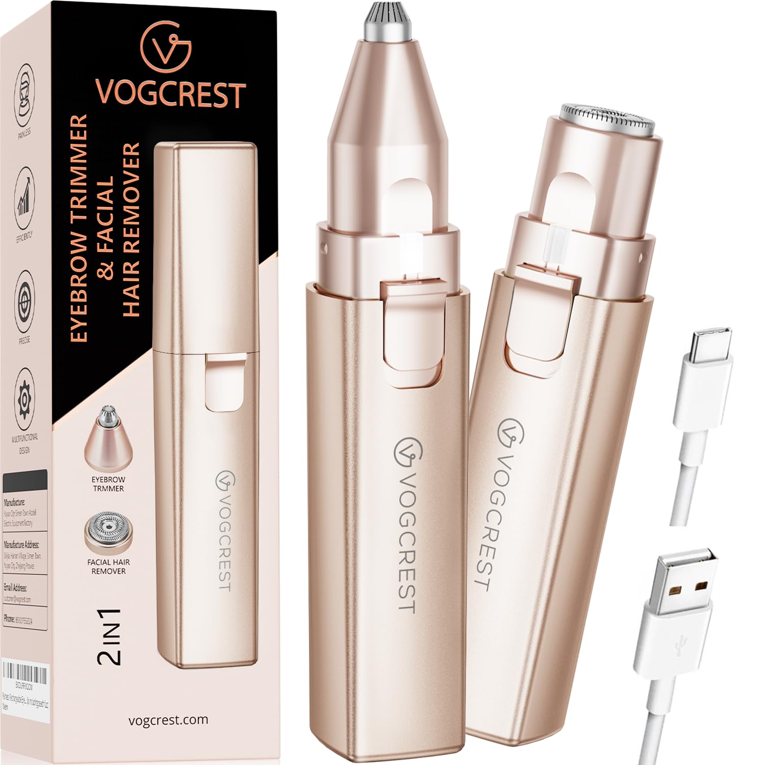 Rechargeable Facial Hair Remover for Women: 2 in 1 Electric Eyebrow and Facial Hair Remover - Suitable for Middle-aged Women’s Eyebrow, Chin, and Cheek Trimming - with Built-in LED Light (Gold)