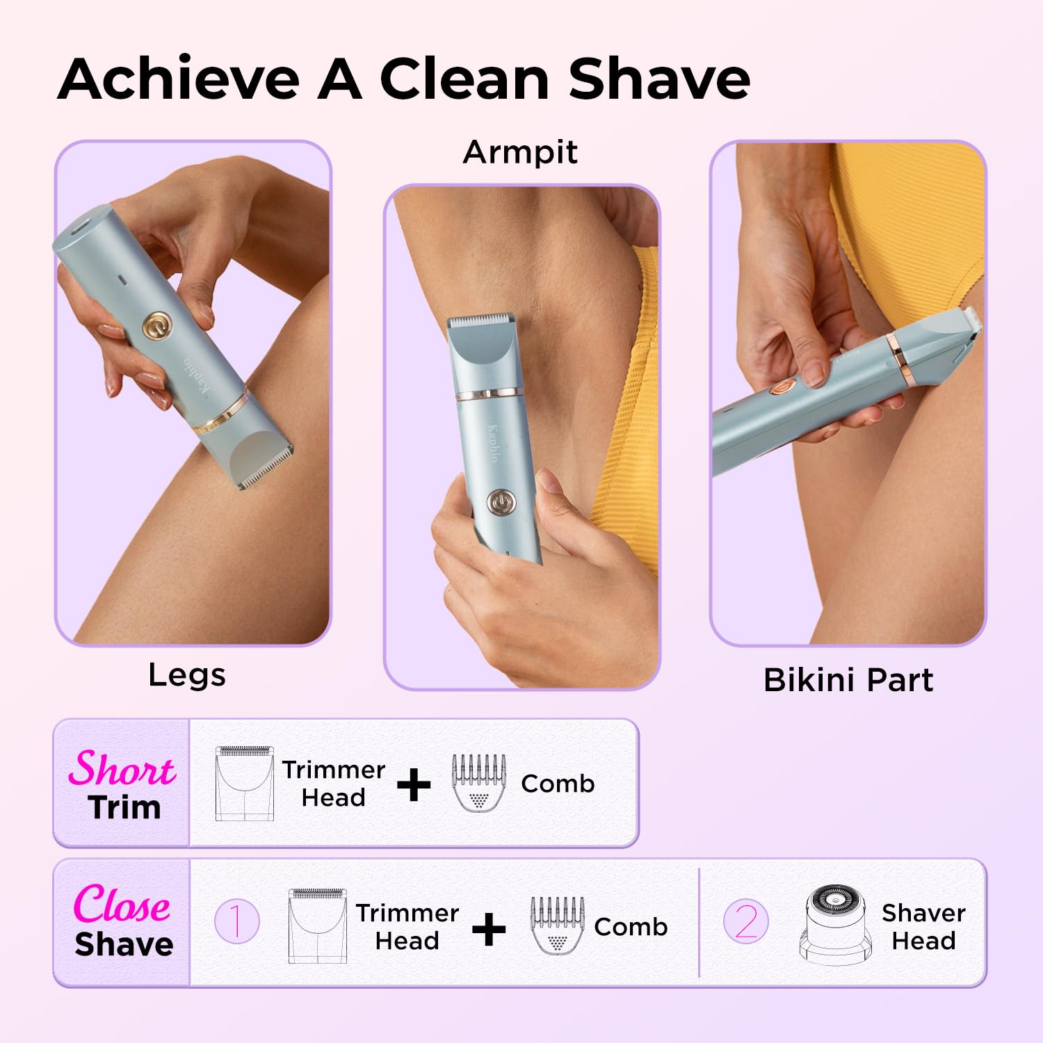 Bikini Trimmer for Women Pubic Hair: 2 in 1 Eletctric Razors for Women - Rechargeable Eletctric Shaver - IPX7 Waterproof Bikini Trimmer for Underarm Leg Arm Body (Blue)