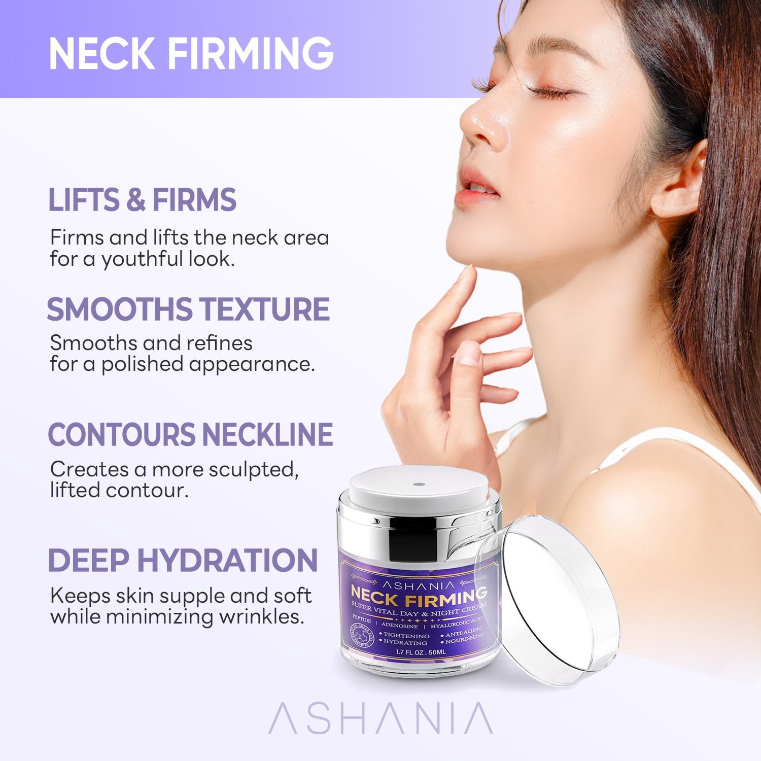 Ashania Korean Neck Firming Cream For Deep Neck fine line, Loose Skin & Neckline Care – Peptide & Adenosine Tightening Cream with Hyaluronic Acid - Made in Korea 1.7 fl oz