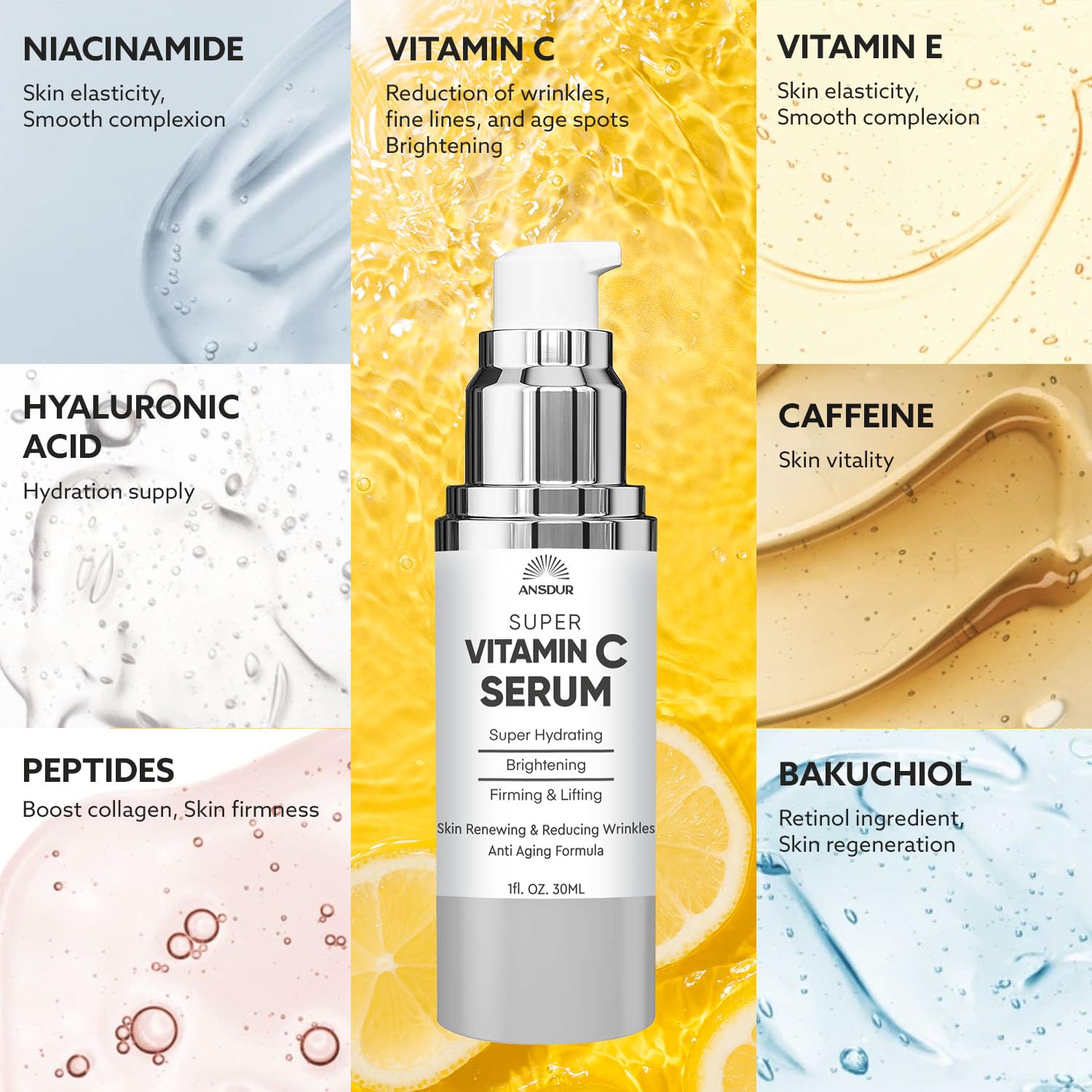 ANSDUR Super Vitamin C Serum for Women over 70: Hyaluronic Acid Serum for Face, skin tone corrector and fine line Reduction - Lifting, Smoothing, Moisturizing, All in One Skin Care Formula, 1 fl oz
