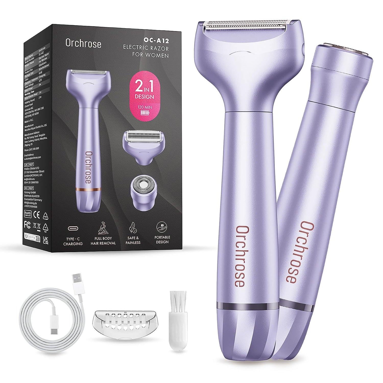 Orchrose Electric Razor for Women Body: Rechargeable Painless Electric Shaver for Bikini Face Body Legs Underarms - 3-in-1 Blade and Rotary Shaving Head (Purpl)