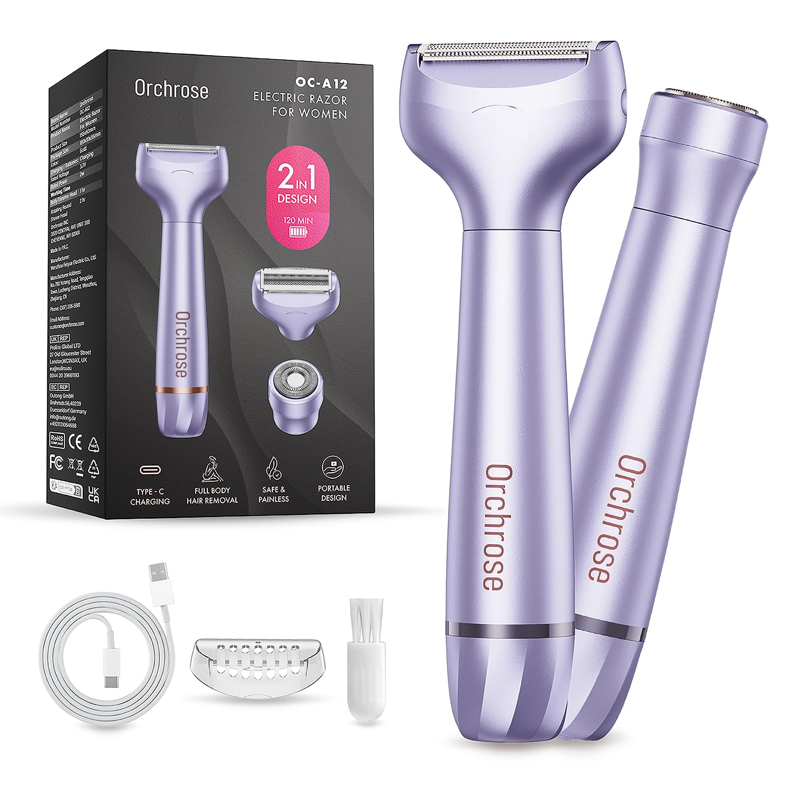 Orchrose Electric Razor for Women Body: Rechargeable Painless Electric Shaver for Bikini Face Body Legs Underarms - 3-in-1 Blade and Rotary Shaving Head (Purpl)