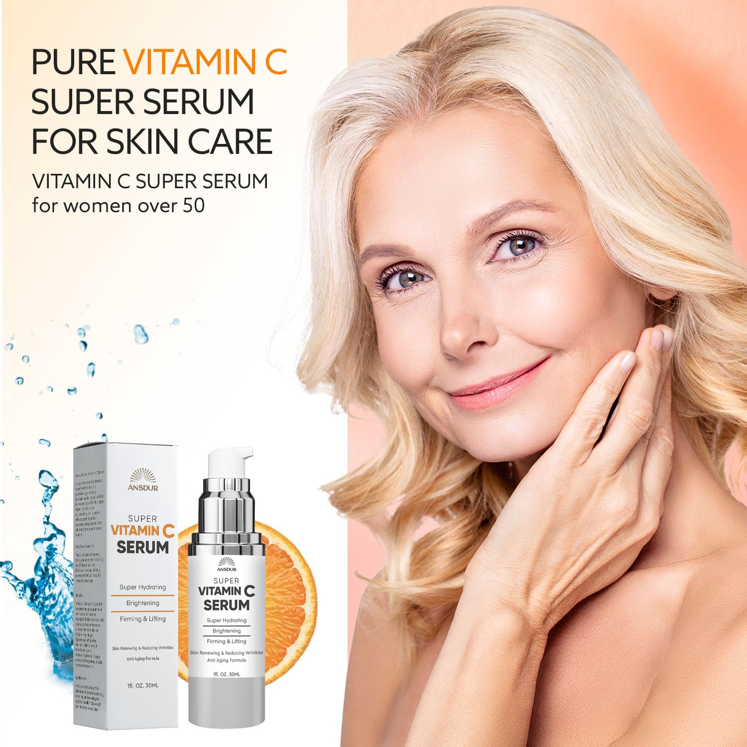 ANSDUR Super Vitamin C Serum for Women over 70: Hyaluronic Acid Serum for Face, skin tone corrector and fine line Reduction - Lifting, Smoothing, Moisturizing, All in One Skin Care Formula, 1 fl oz