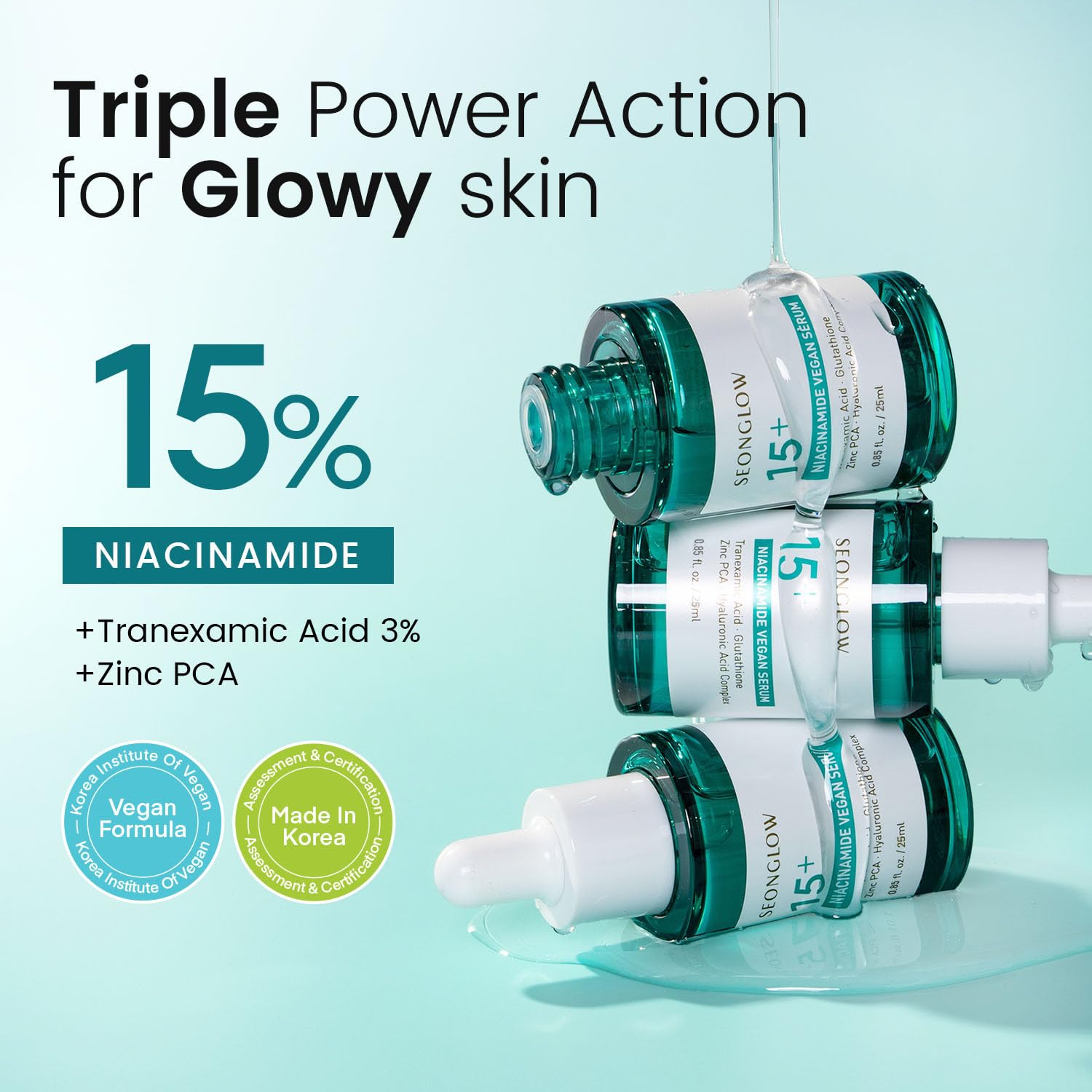 SEONGLOW 15% Vegan Niacinamide+ 3% Tranexamic Acid Serum: Korean Skin Care Niacinamide serum - Pore Minimizer for Face, Glutathione, Zinc PCA, 0.85 fl.oz.(25ml)