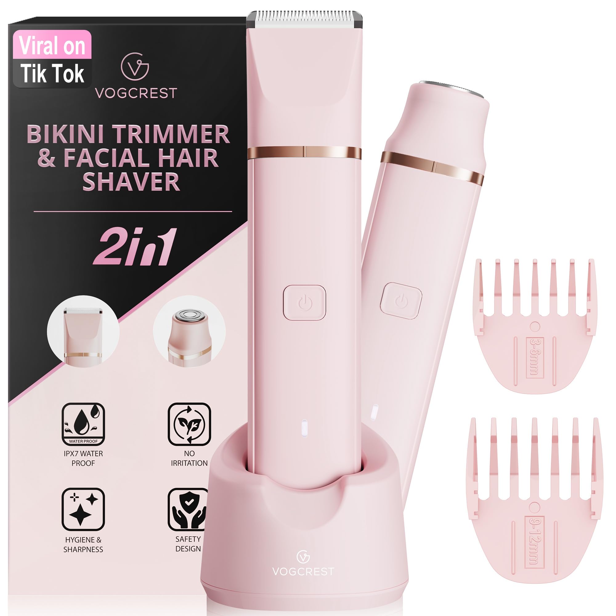 VG VOGCREST Electric Bikini Trimmer: 2 in1 Body Facial Hair Remover - Gentle Pubic Hair Shaver (Pink)