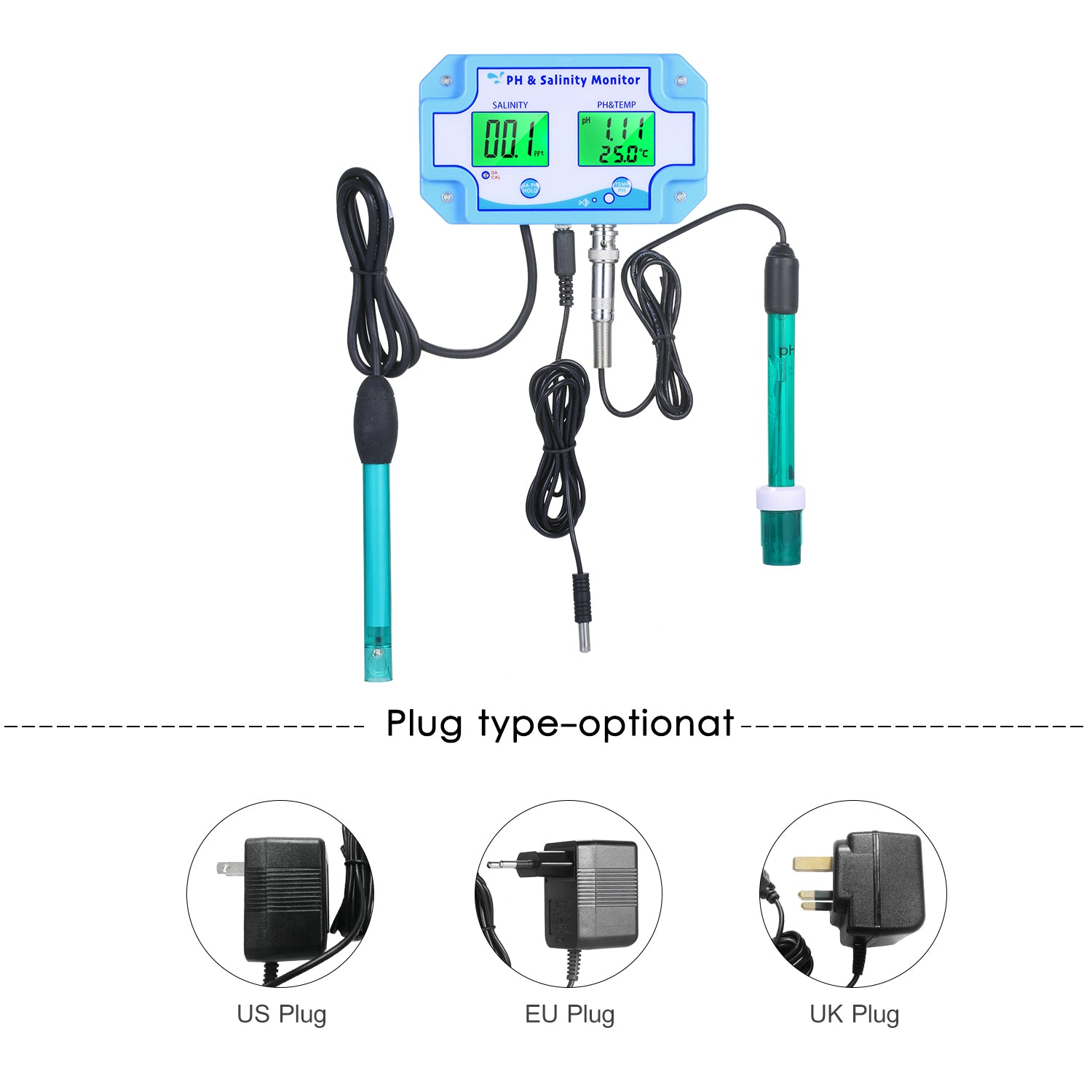 3-in-1 PH/Salinity/TEMP Water Quality Monitor Multi-functional pH & Salinity Monitor Temperature Meter Dual LCD Display with Green Backlight