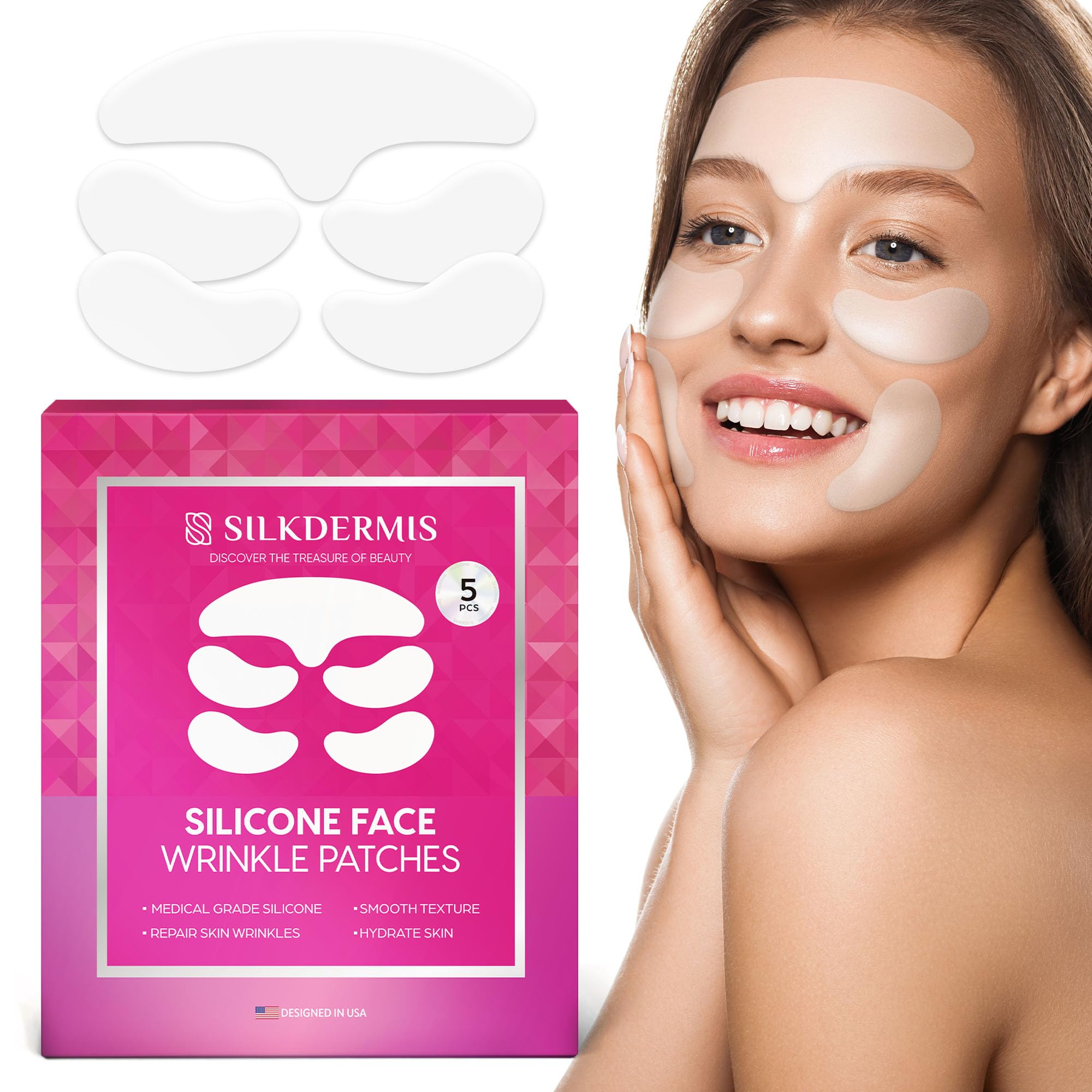 SILKDERMIS Silicone Face Patches 5pcs- Reusable Under Eye and Smile Line Patches Forehead fine line Patches 5pcs