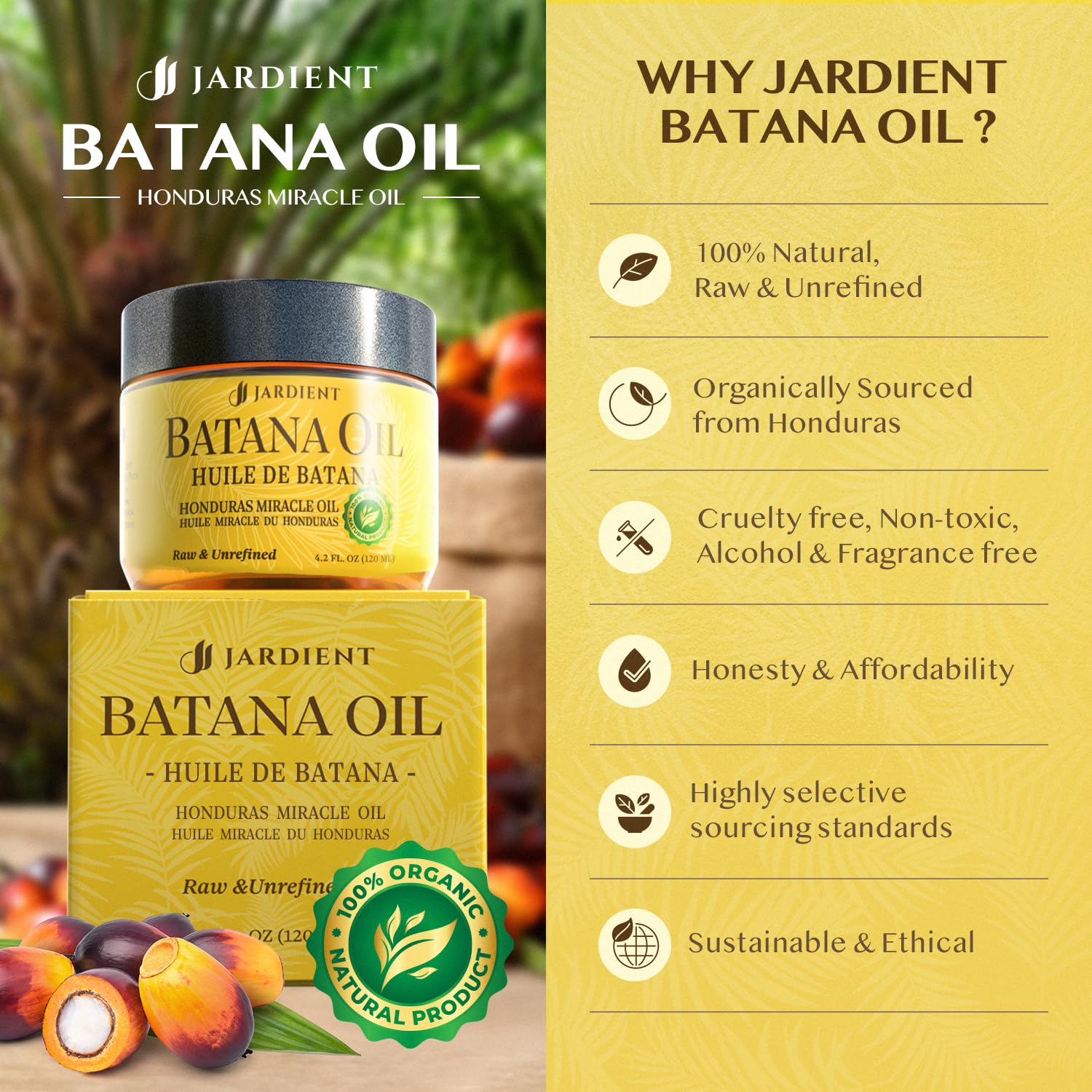 Jardient Raw Batana Oil for hair nourishing: Dr Sebi Organic Batana Oil from Honduras - 100% Pure & Natural - Promotes Thicker & Stronger Hair for Men & Women (4 OZ)