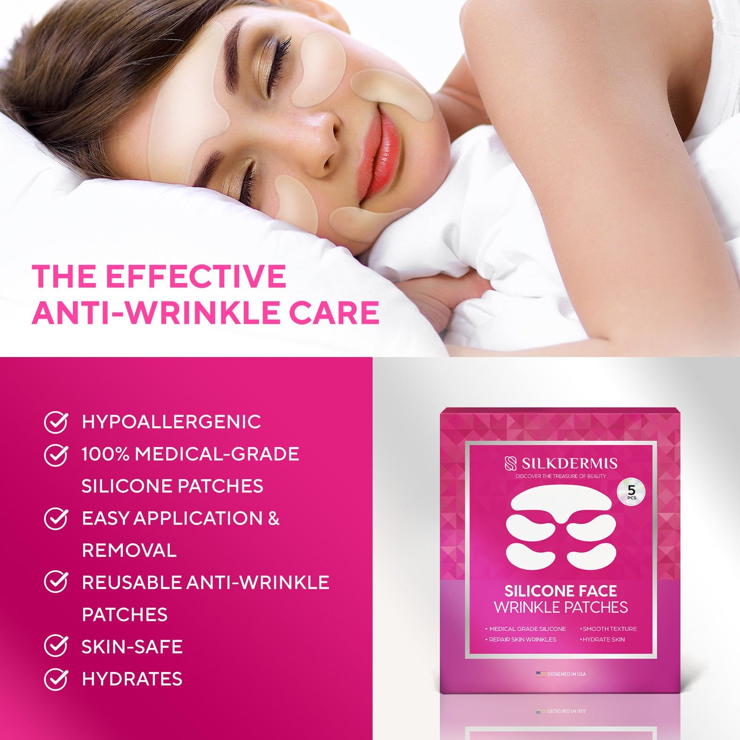 SILKDERMIS Silicone Face Patches 5pcs- Reusable Under Eye and Smile Line Patches Forehead fine line Patches 5pcs