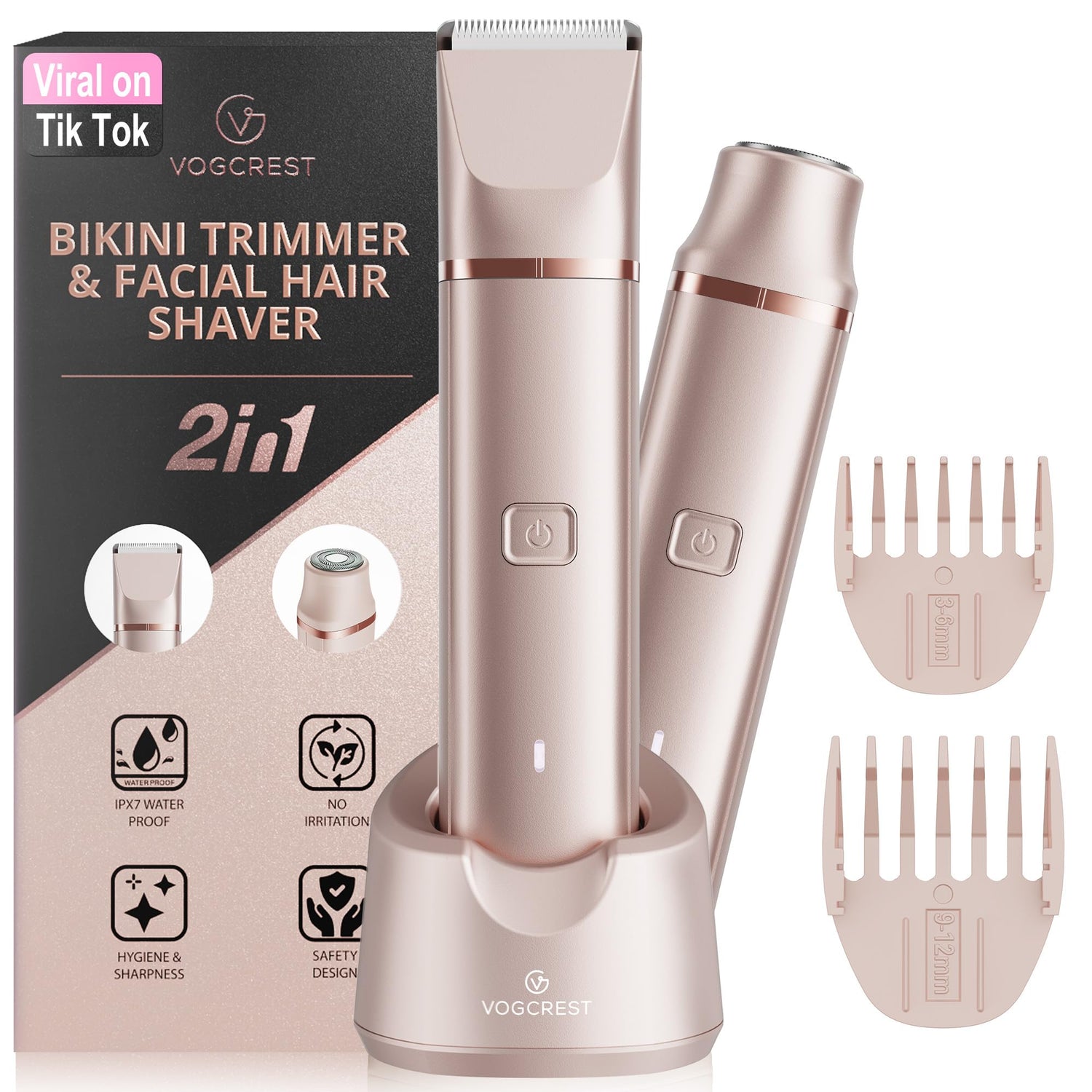 VG VOGCREST Electric Bikini Trimmer: 2 in1 Body Facial Hair Remover - Painless Pubic Hair Shaver (Rose Gold)