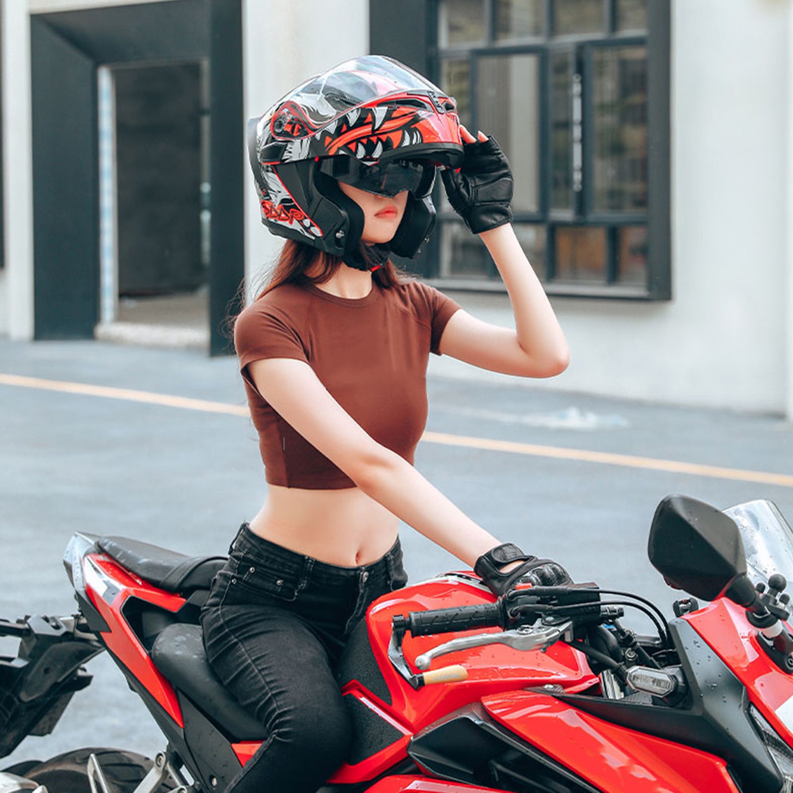 Motorcycle Helmet Unisex Adult Cool Rider Equipment Four Seasons New Street Touring Motorbike Helmet Dual Visor Flip up Full Face Helmet with BT Space for Agv K5 K1 K3 SV Red  M