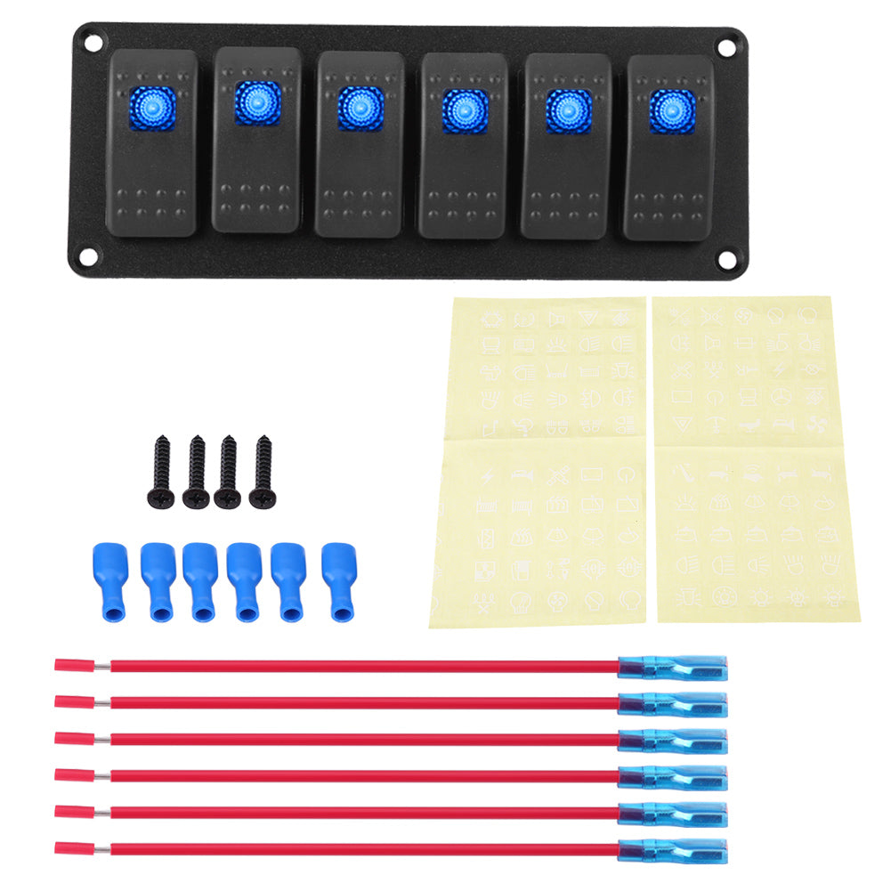 12-24V 6 Gang Rocker Switch Panel for Car RV Boat Yacht Marine Blue LED