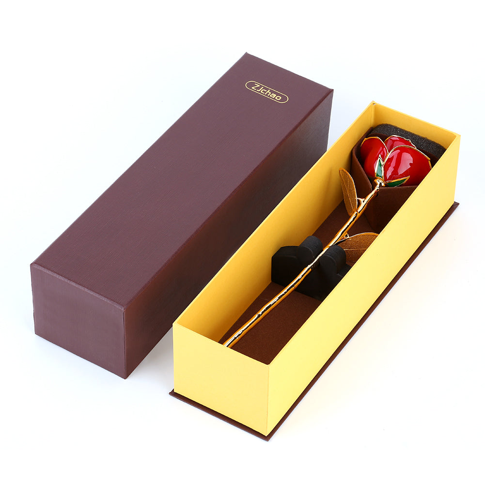 Rose Dipped in 24k Gold Forever Preserved Long Stem Rose with Golden Leaf Perfect Gift (Red)
