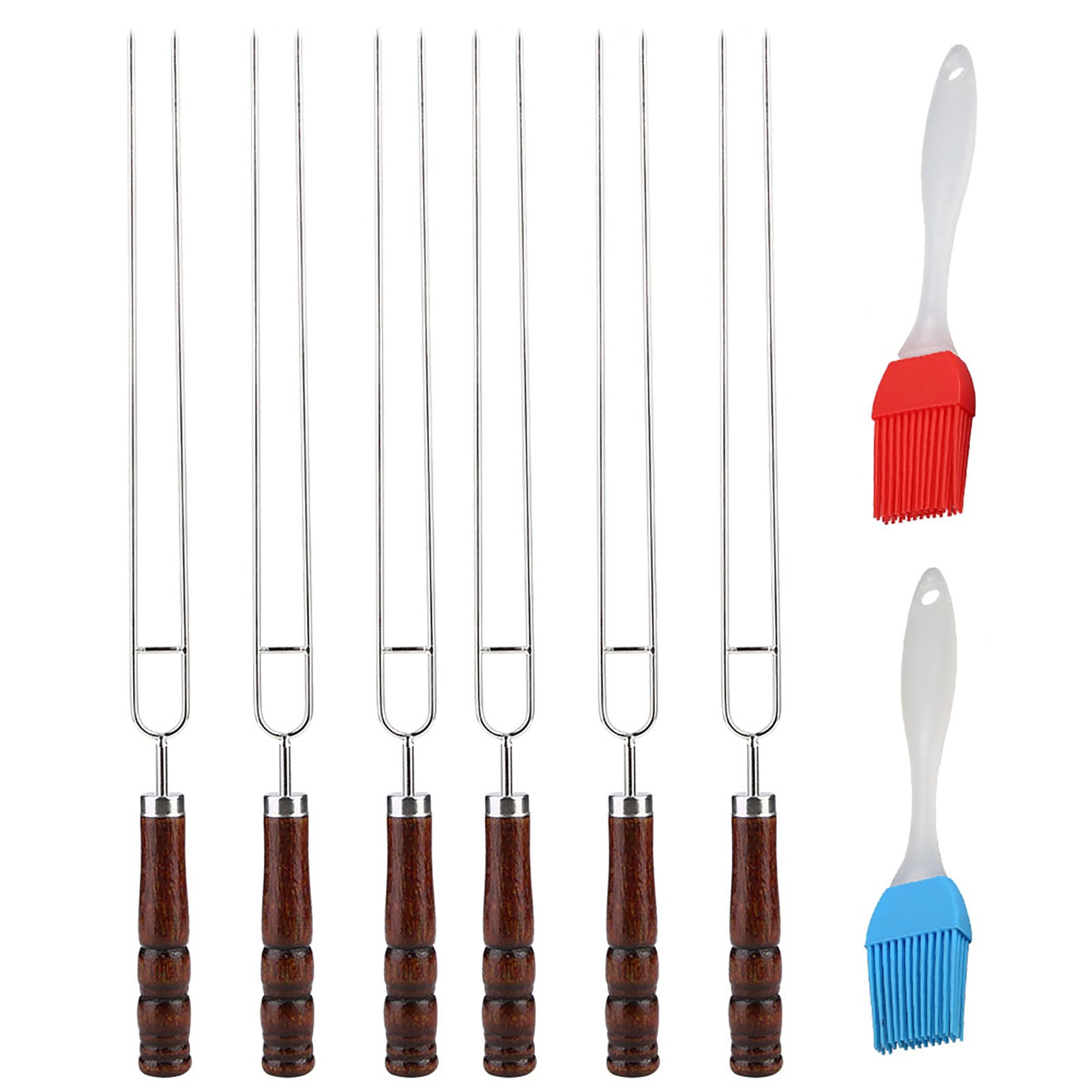 6Pcs Stainless Steel U shaped Barbecue Fork Skewers with 2Pcs Silicone Baking Oil BBQ Brush