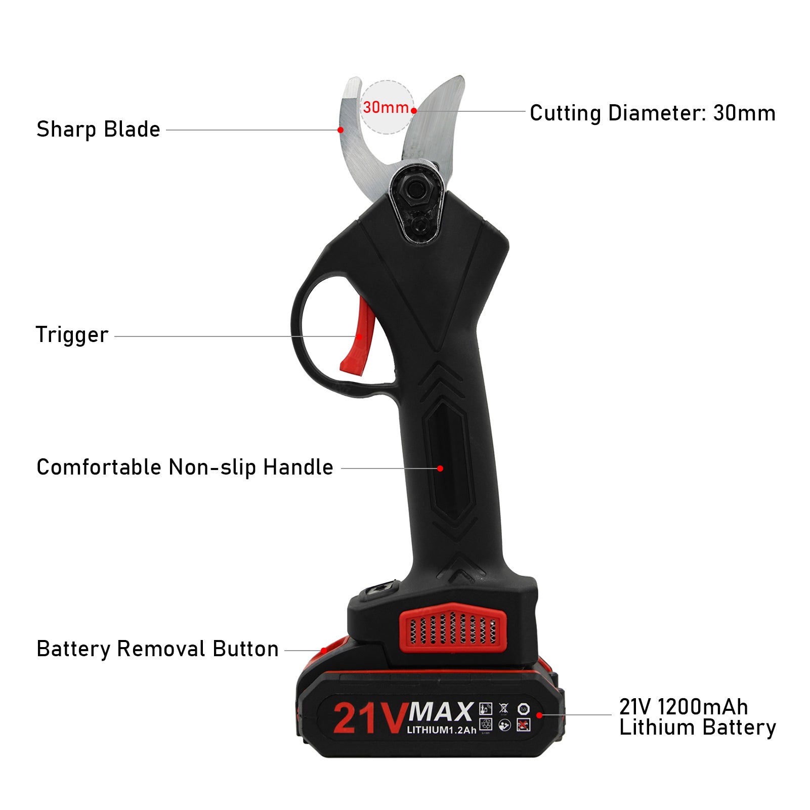 21V Portable Handheld Cordless Electric Pruning Shears with Carry Case Rechargeable 1200mAh Lithium Battery & Charger Powered Tree Branch Pruner Garden Clippers 30mm Cutting Diameter