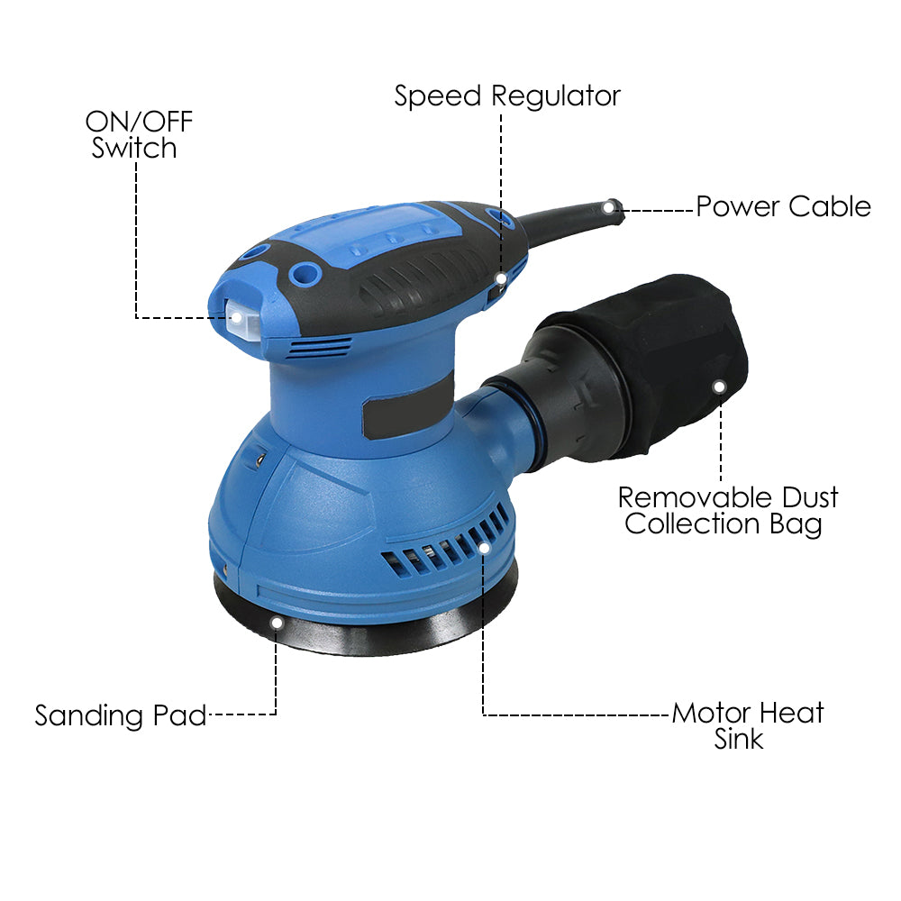 320W Professional Sander Portable Handheld Electric Sanding & Polishing Machine with Removable Dust Collection Bag 10pcs Sandpapers