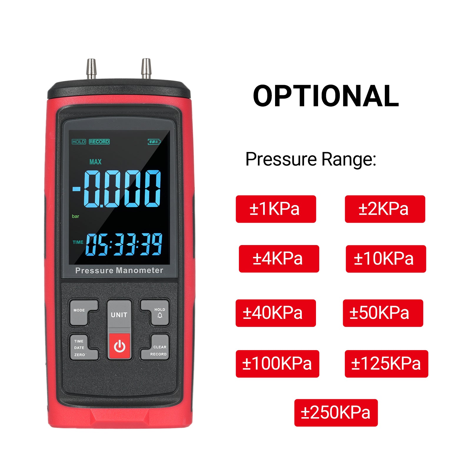GT5101 Digital Manometer, Dual-Port Manometer Gas Pressure Tester, Handheld Professional Air Pressure Meter, 13 Selectable Units Differential Pressure Gauge, with Large LCD Display