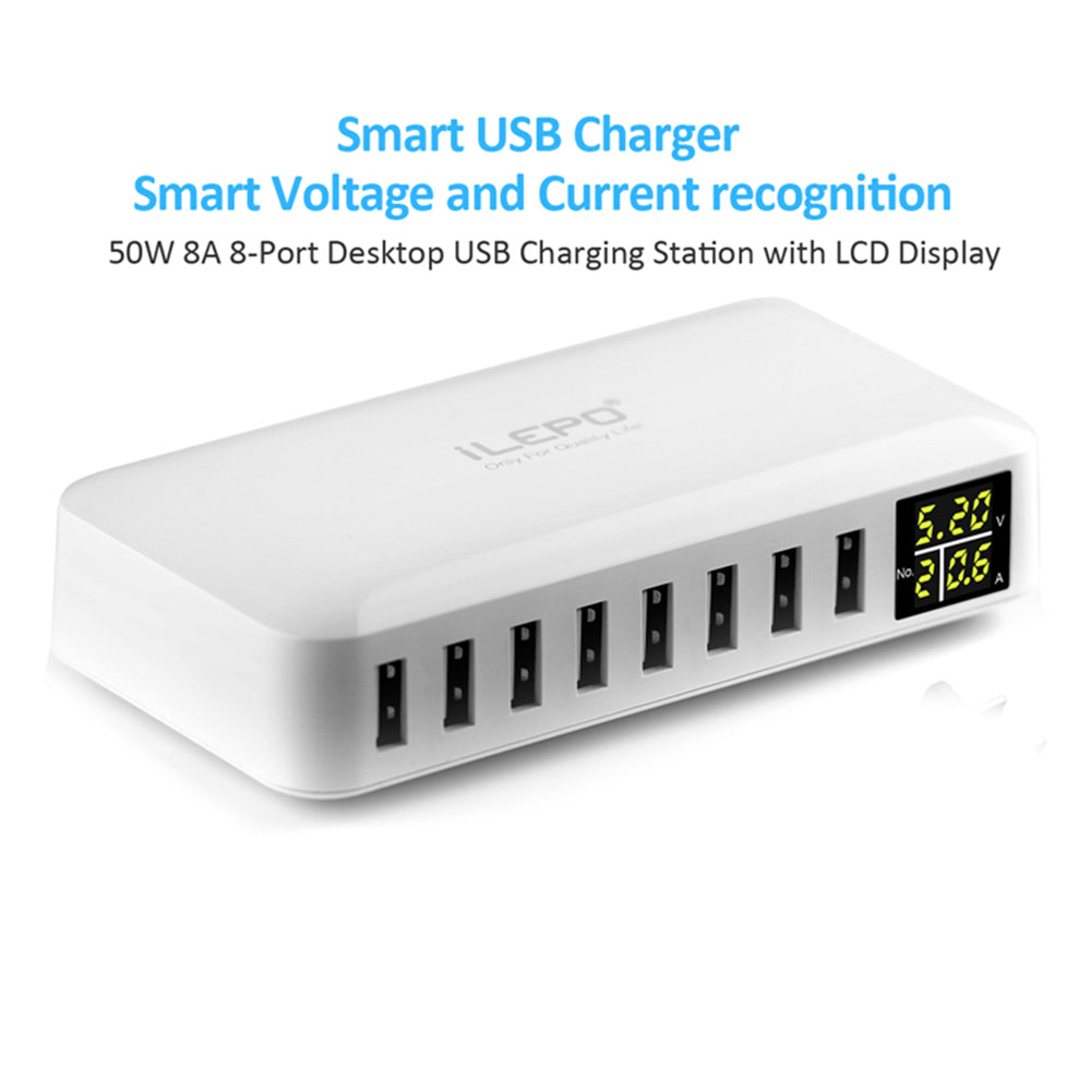 8 Ports Smart USB Charger 40W 8A Multi Port USB Hub with LCD Display Fast Charging Wall Charger Power Adapter with 4ft Long Power Cord